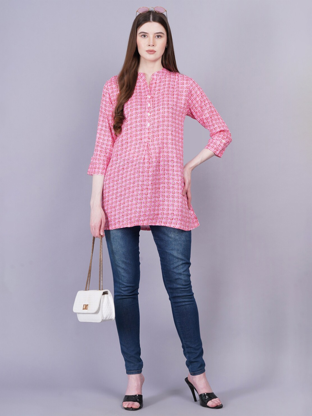 

KALINI Printed Mandarin Collar Tunic, Pink
