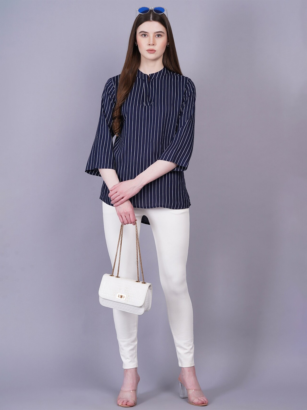 

KALINI Striped Mandarin Collar Tunic, Navy blue