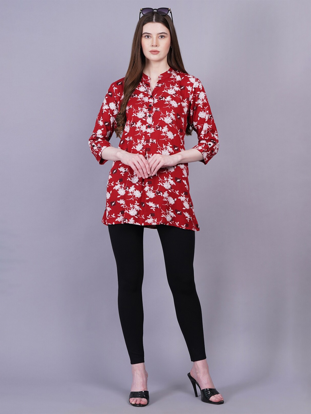 

KALINI Mandarin Collar Printed Tunic, Maroon