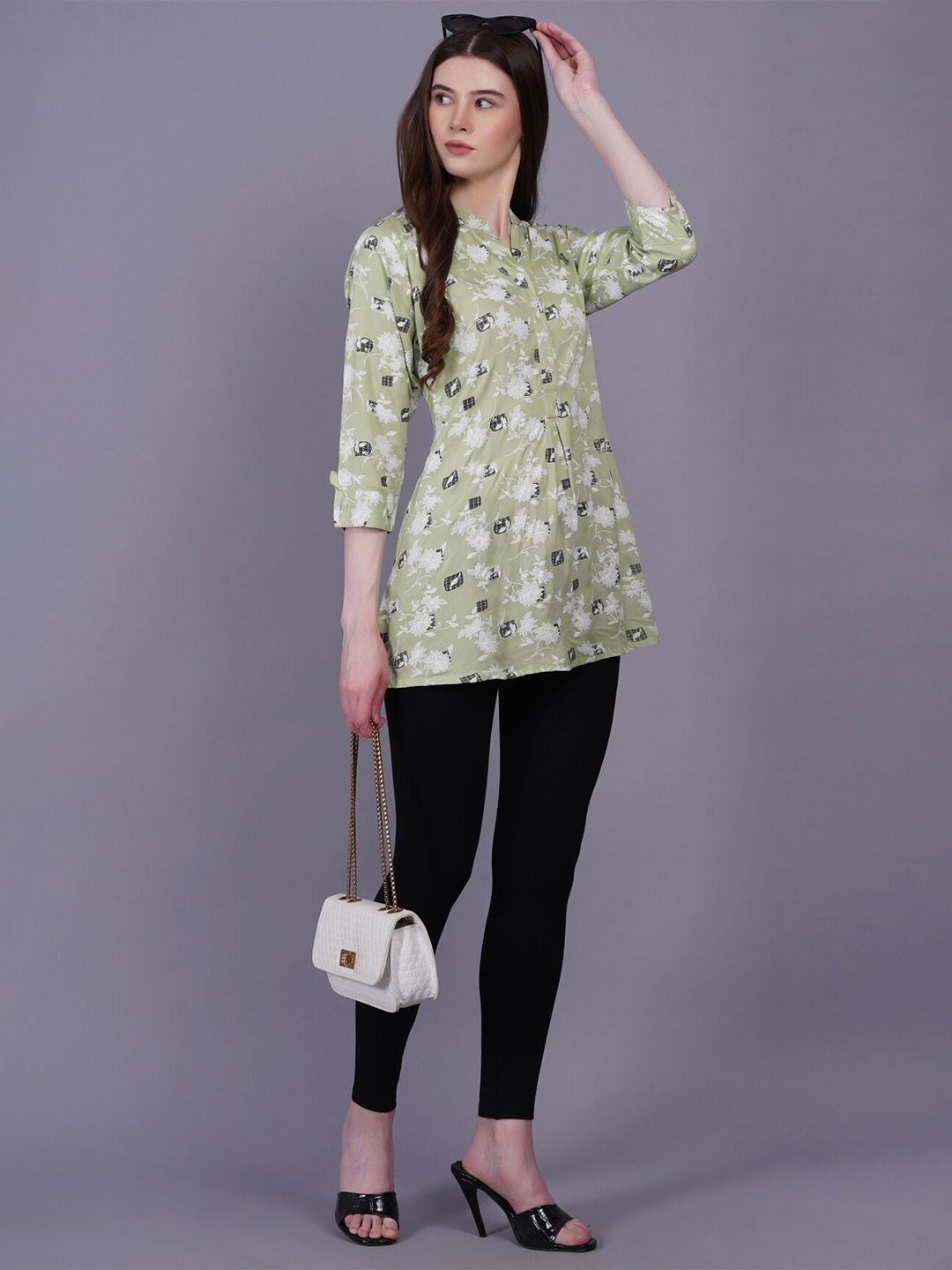 

KALINI Printed Mandarin Collar Tunic, Green