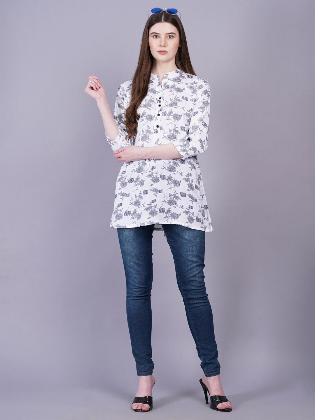

KALINI Floral Printed Mandarin Collar Tunic, White