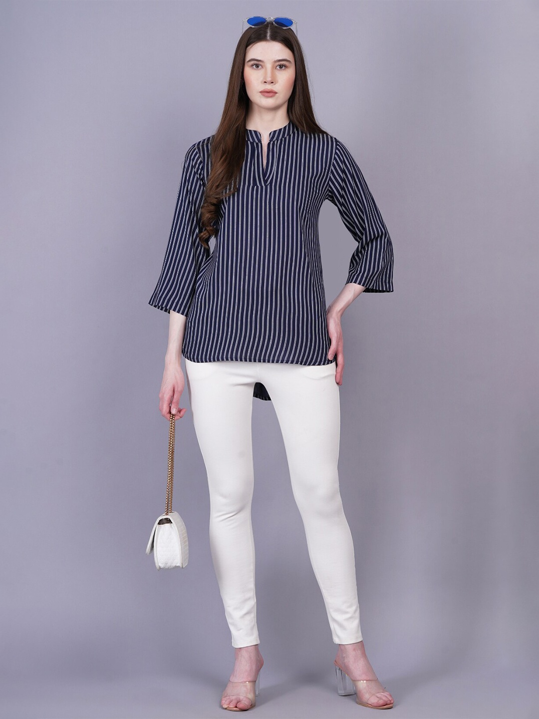 

KALINI Striped Mandarin Collar Tunic, Navy blue