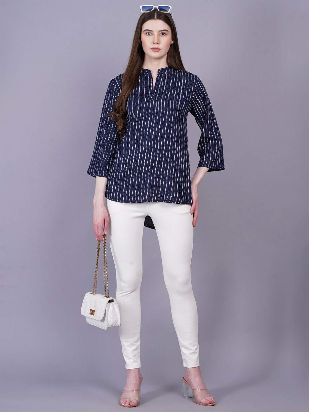 

KALINI Striped Mandarin Collar Tunic, Navy blue