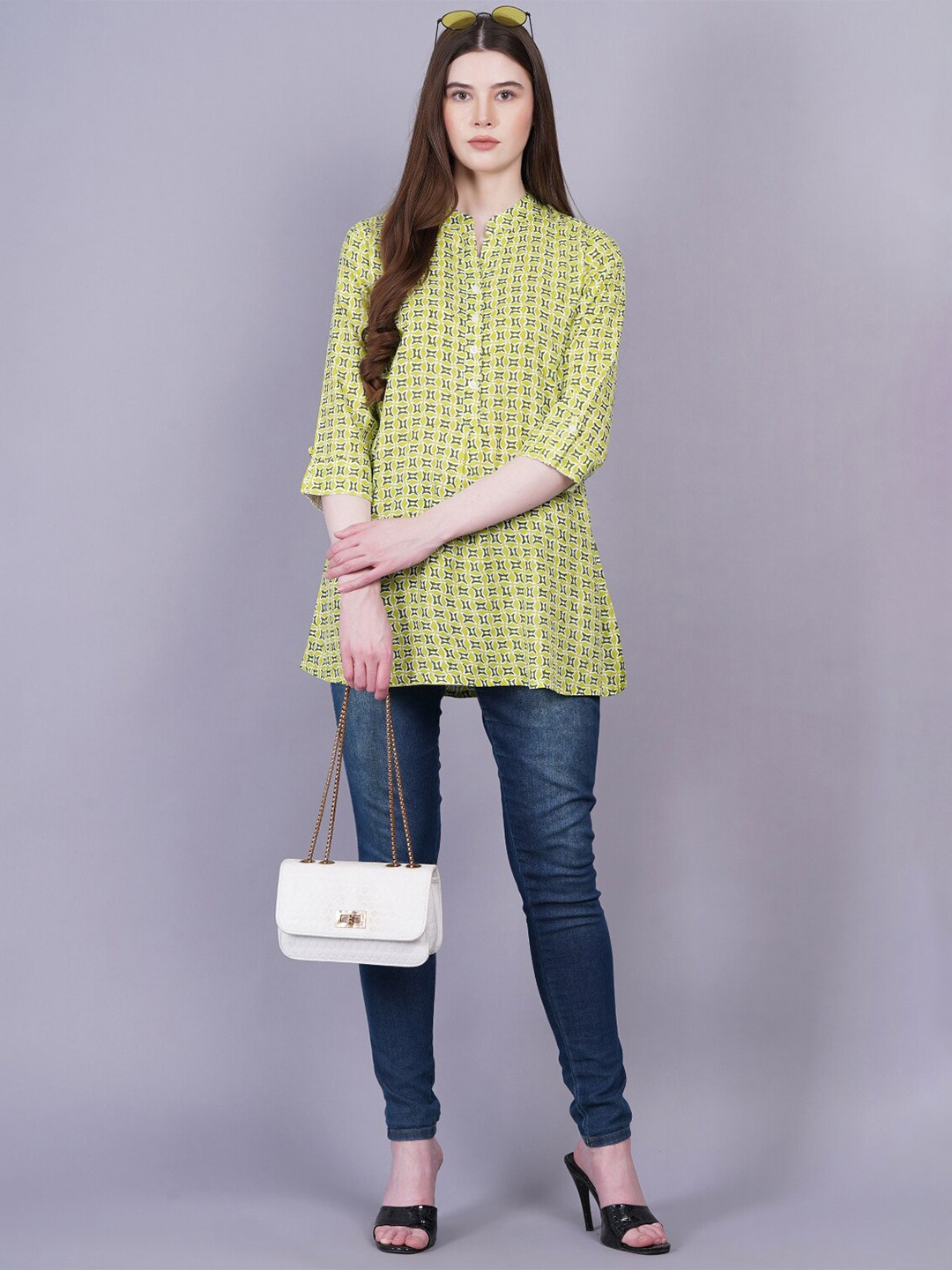 

KALINI Printed Mandarin Collar Tunic, Green