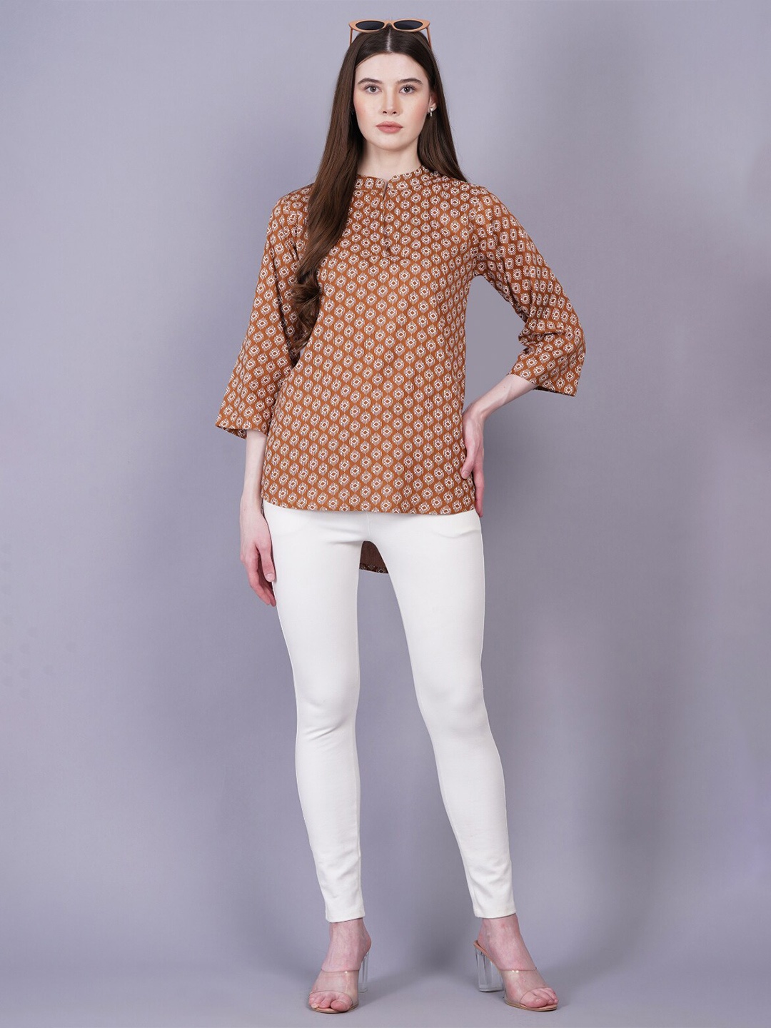 

KALINI Printed Mandarin Collar Tunic, Brown