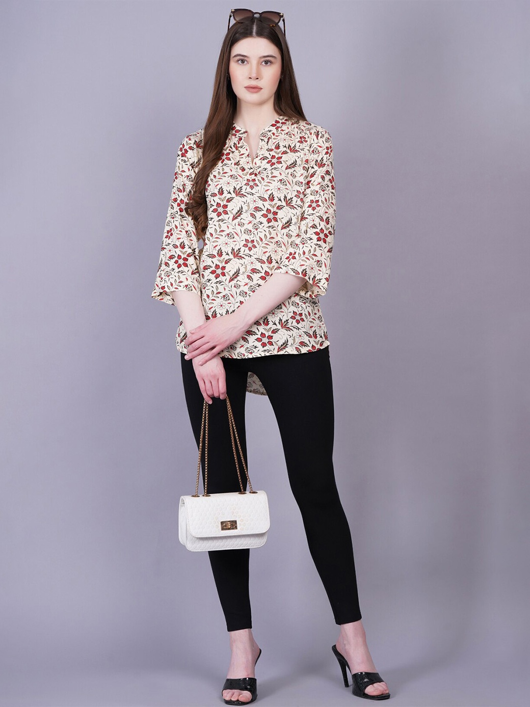 KALINI Floral Printed Mandarin Collar Tunic, Beige