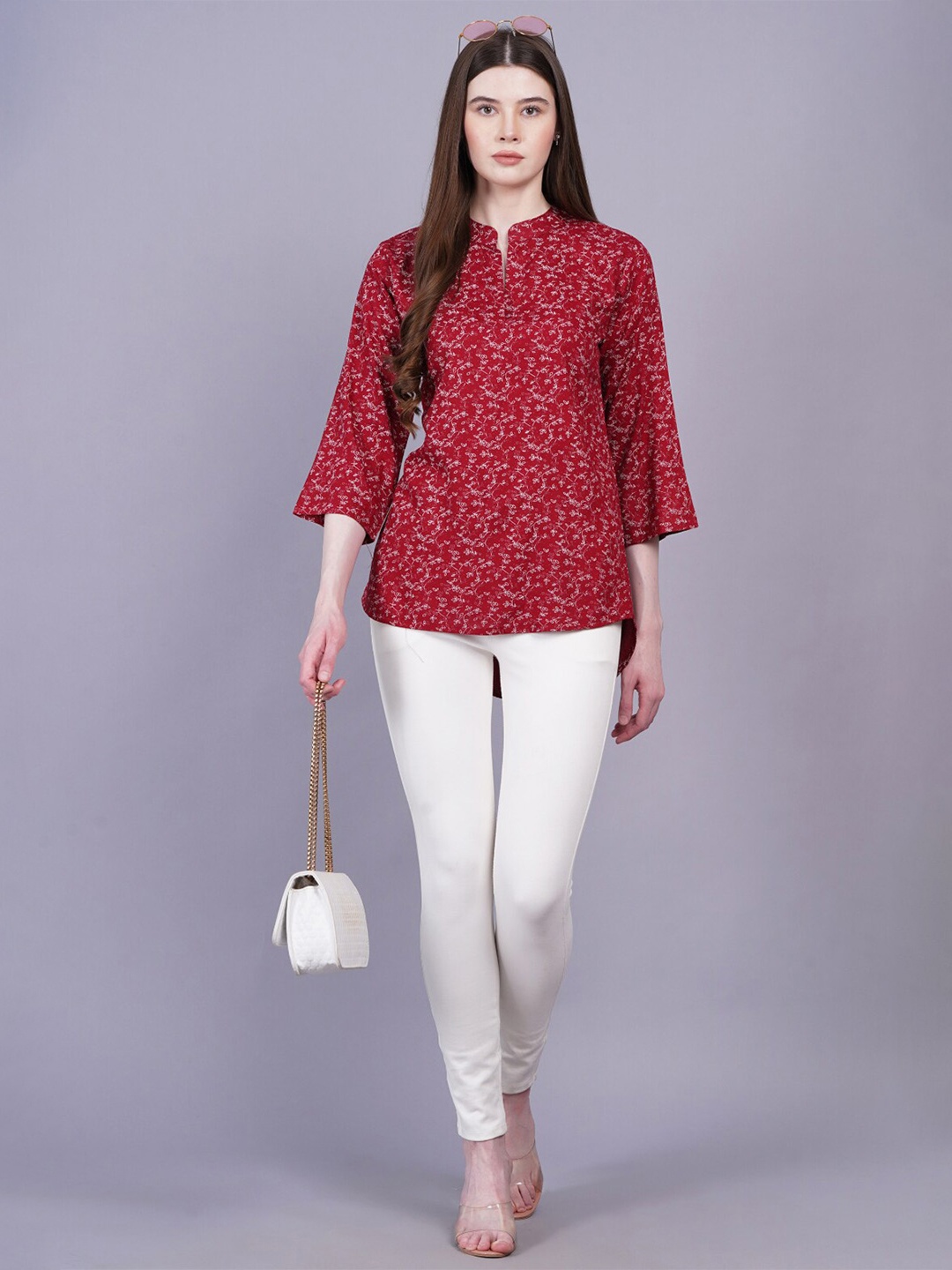 

KALINI Floral Printed Mandarin Collar Tunic, Maroon