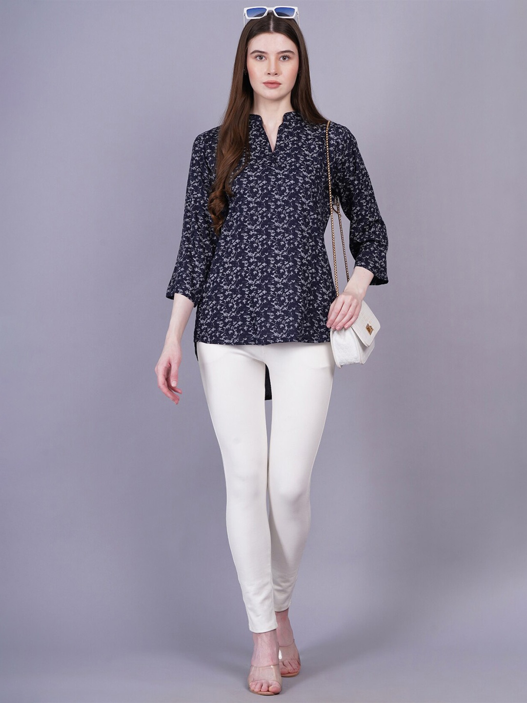 

KALINI Printed Mandarin Collar Tunic, Blue