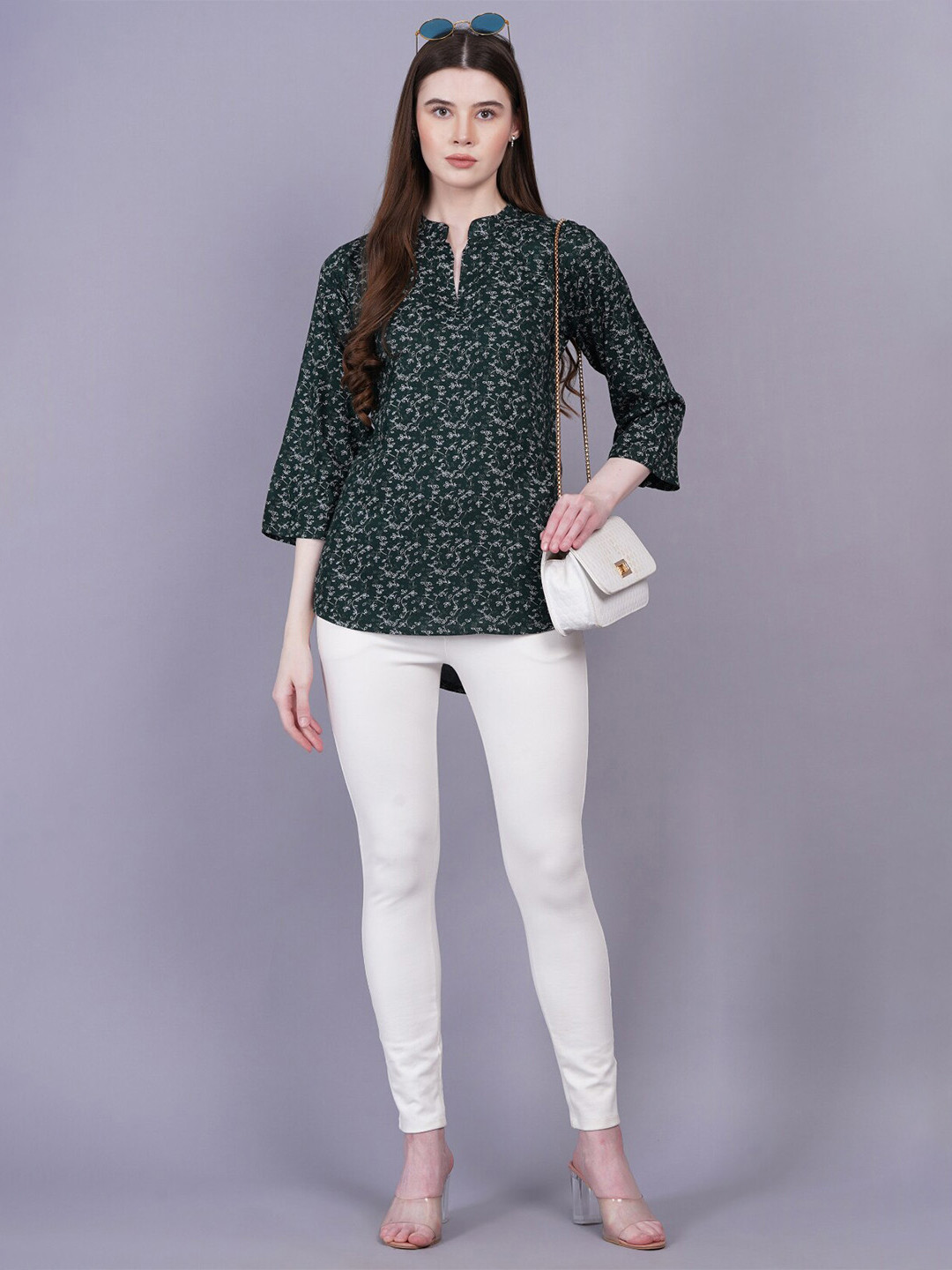 

KALINI Floral Printed Mandarin Collar Tunic, Green