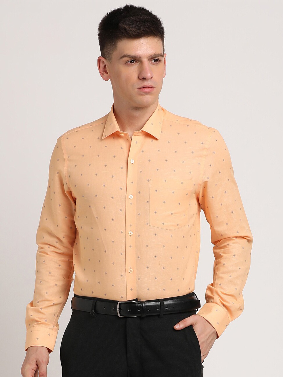 

Turtle Men Classic Slim Fit Opaque Printed Formal Shirt, Yellow