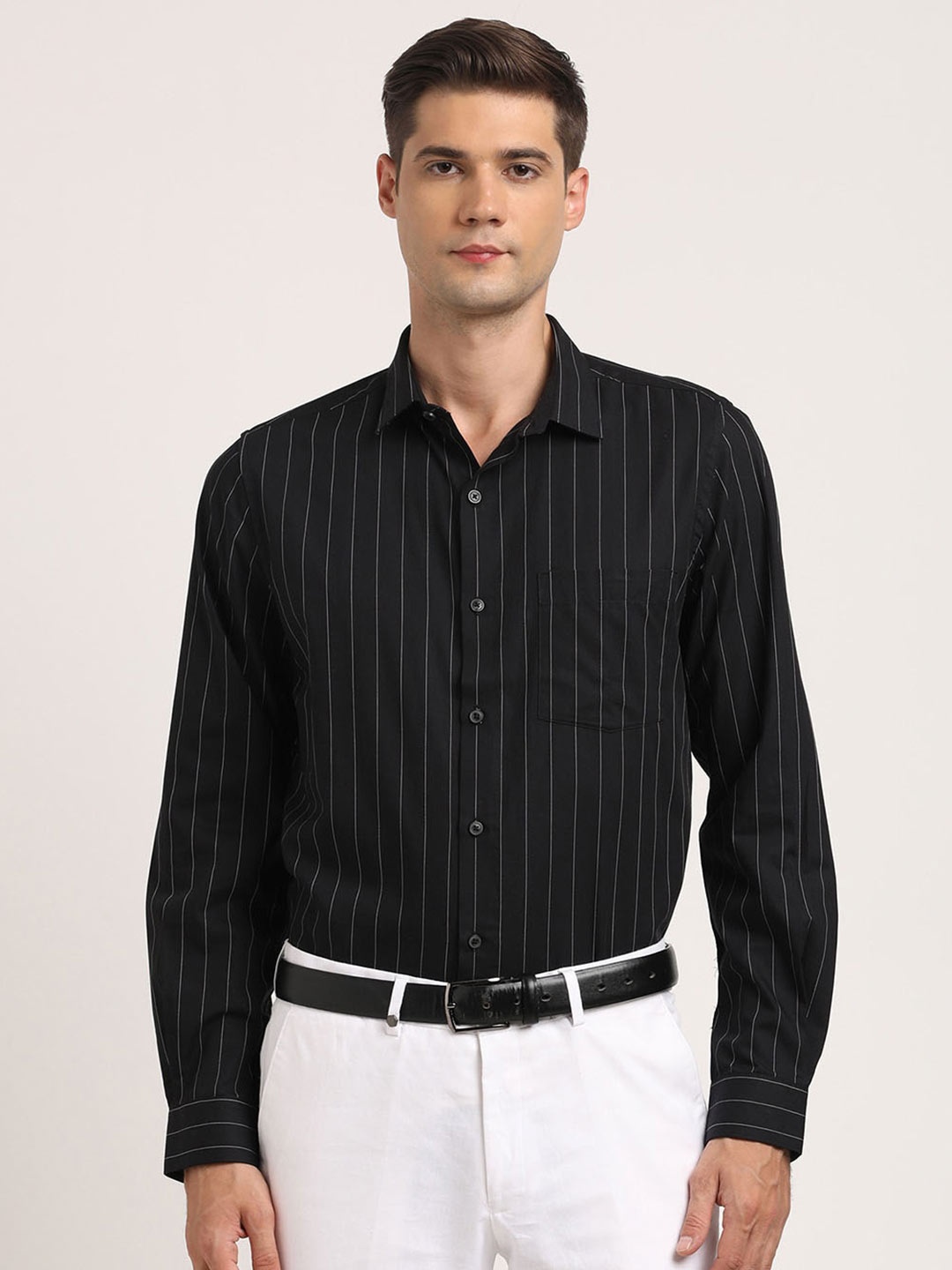 

Turtle Men Classic Slim Fit Opaque Striped Formal Shirt, Black