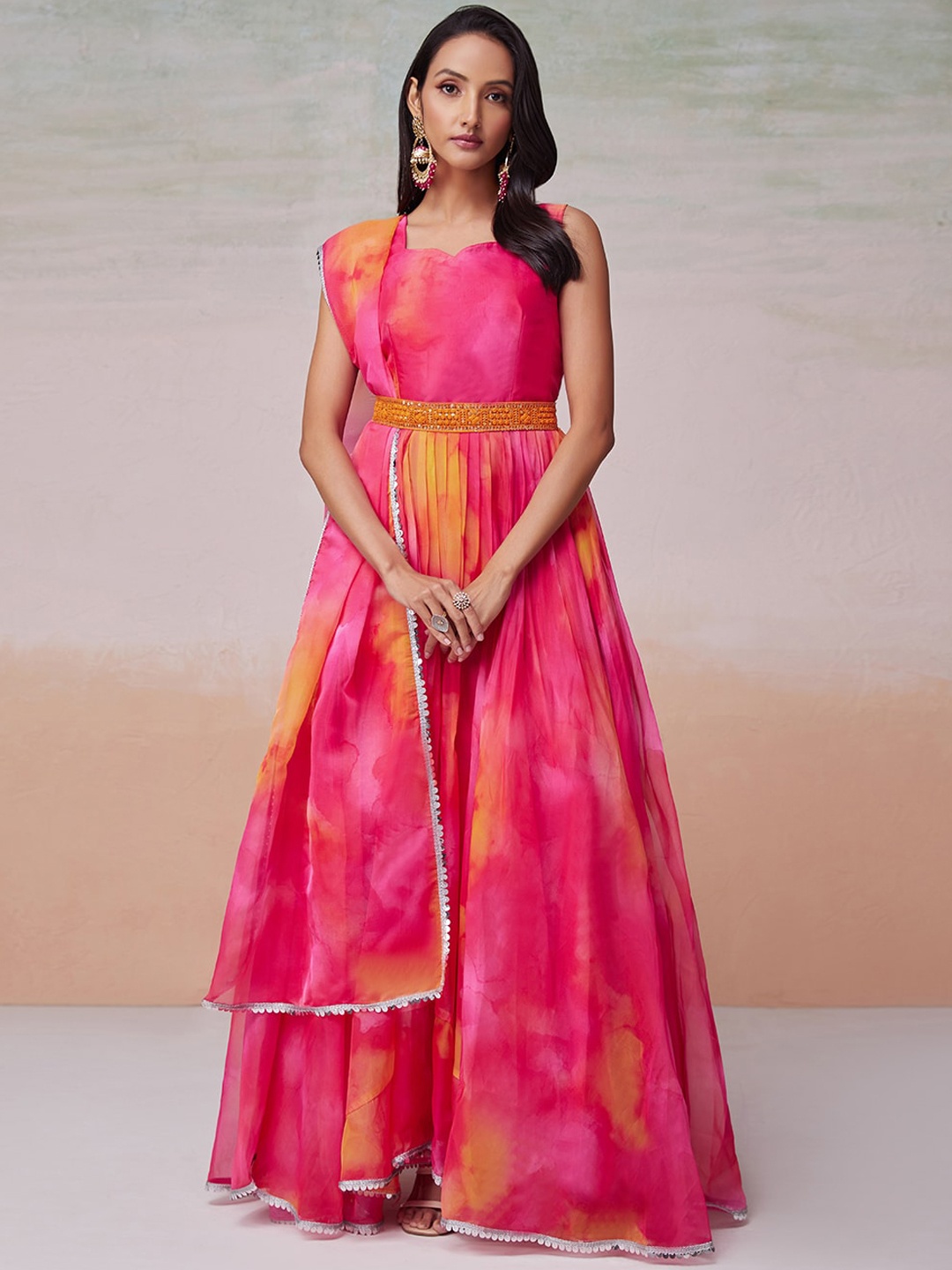 

Fusionic Tie & Dye Dyed Sleeveless Maxi Ethnic Dress With Belt & Dupatta, Pink