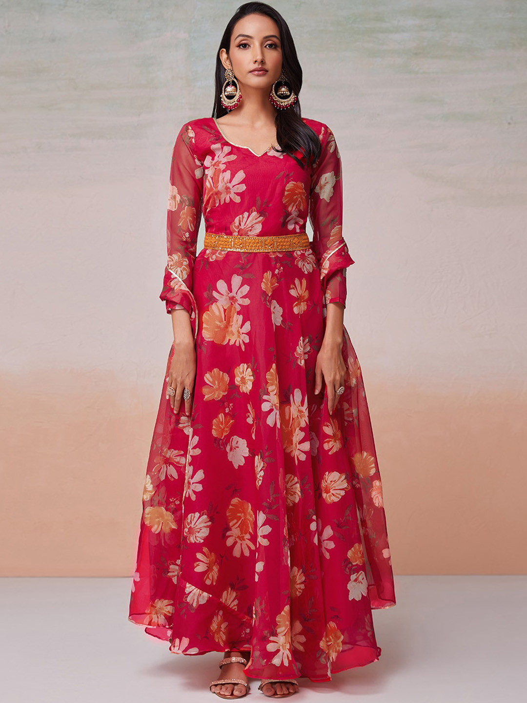 

Fusionic Floral Printed Sweetheart Neck Maxi Ethnic Dress With Belt & Dupatta, Red