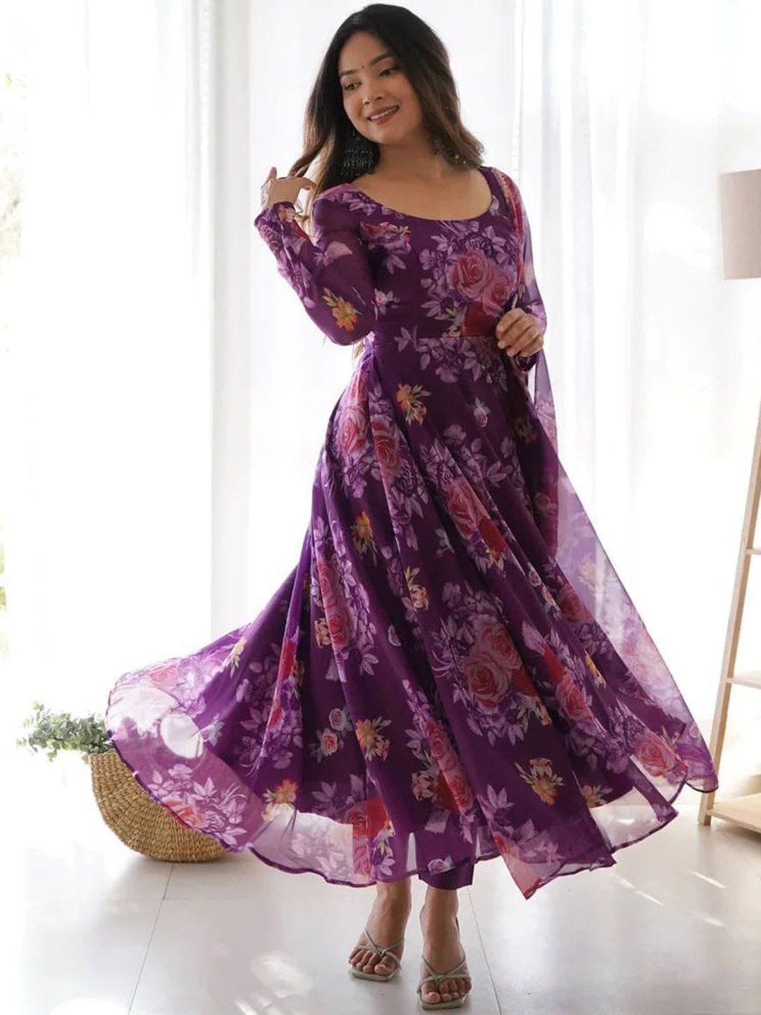 

Fusionic Floral Printed Fit & Flared Maxi Ethnic Dress Comes With Dupatta, Purple