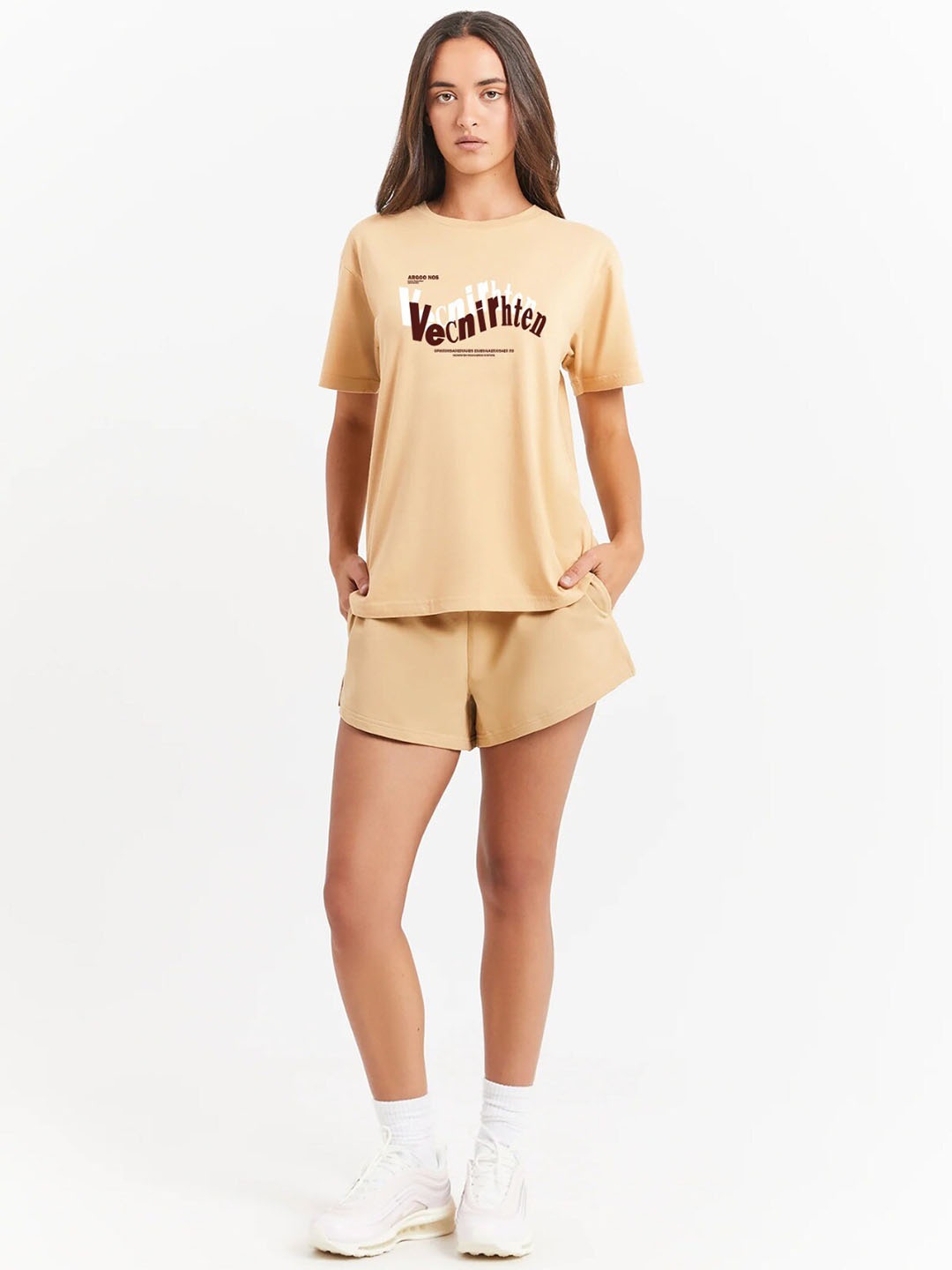 MISCHIEF MONKEY Women Typography Printed Pockets T-shirt, Beige