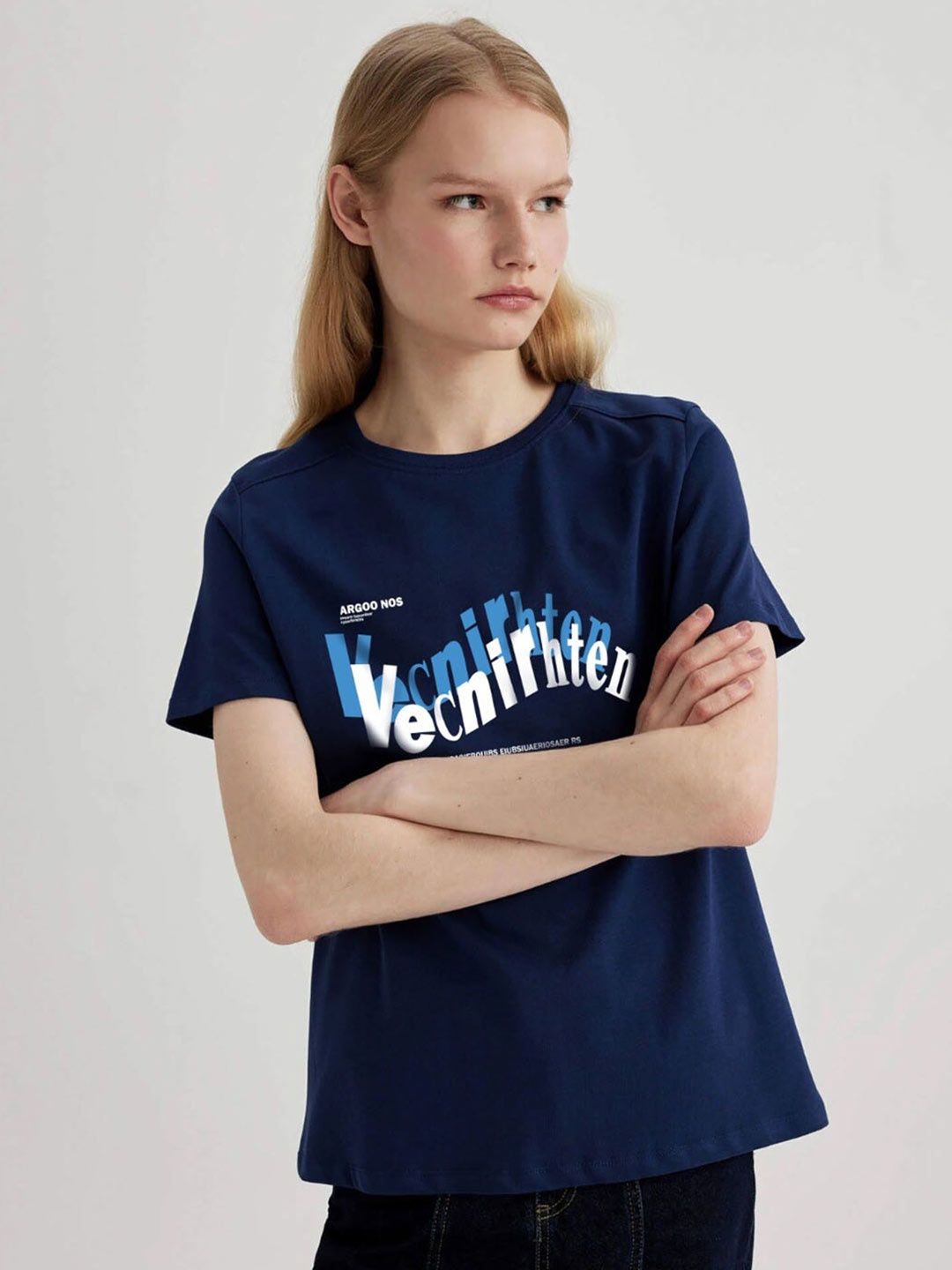 

MISCHIEF MONKEY Women Typography Printed Applique T-shirt, Navy blue