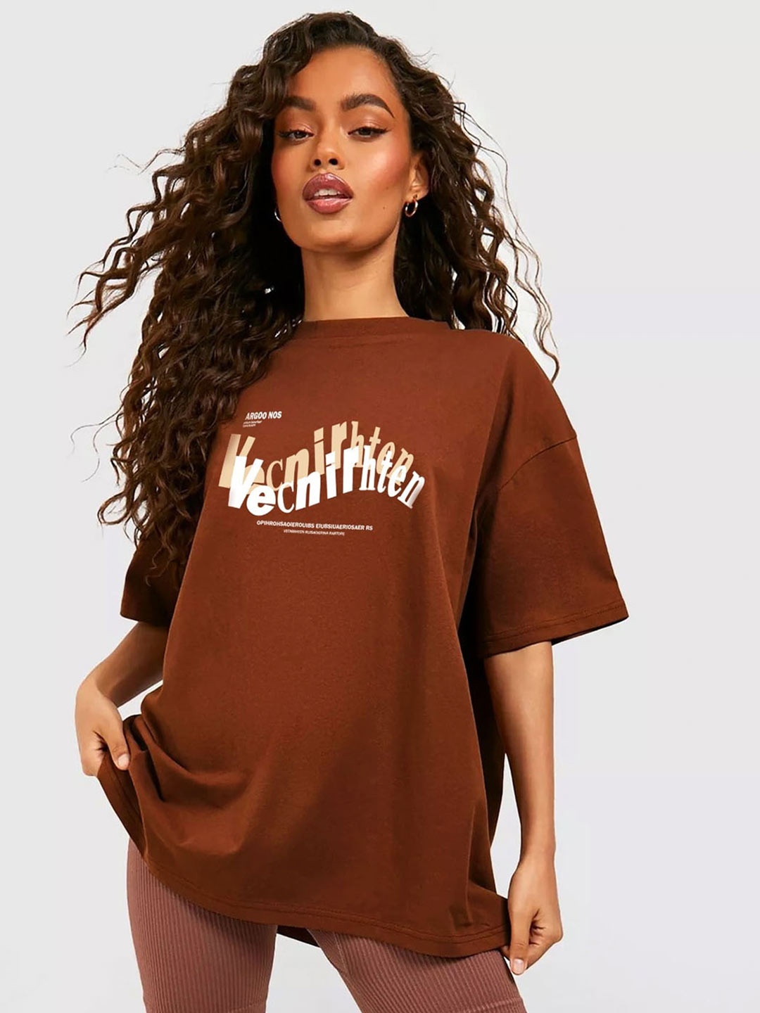 

MISCHIEF MONKEY Women Typography Printed Extended Sleeves Applique T-shirt, Coffee brown