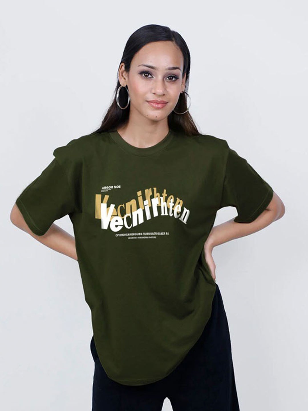 

MISCHIEF MONKEY Women Typography Printed High Neck Pockets T-shirt, Olive