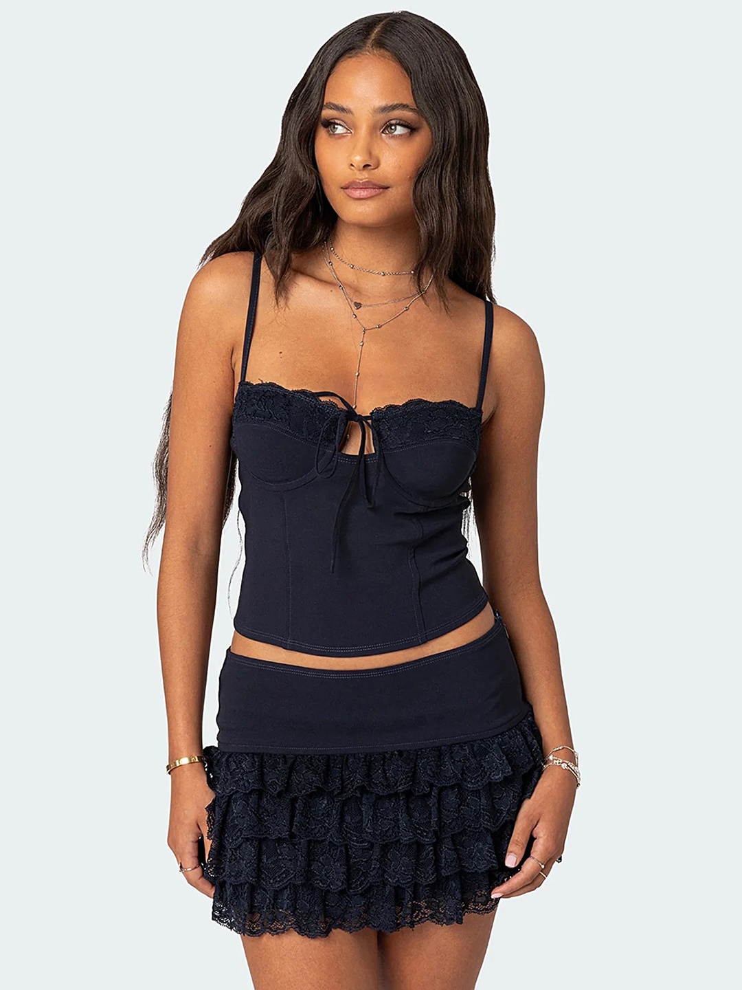 

LULU & SKY Shoulder Straps Sleeveless Top With Skirt Co-Ords, Navy blue