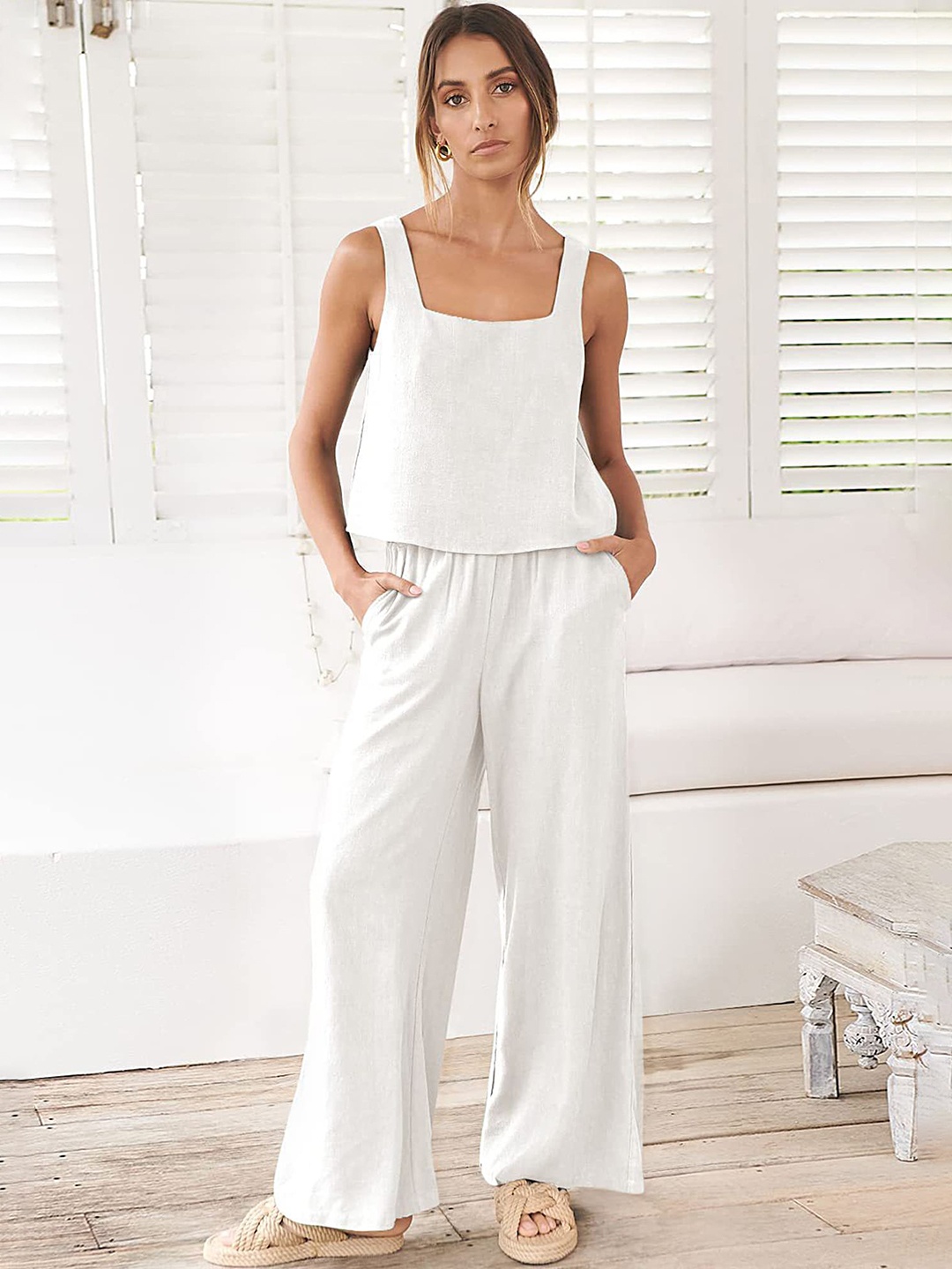 

LULU & SKY Sleeveless Crop Top With High-Rise Wide-Leg Trousers, White