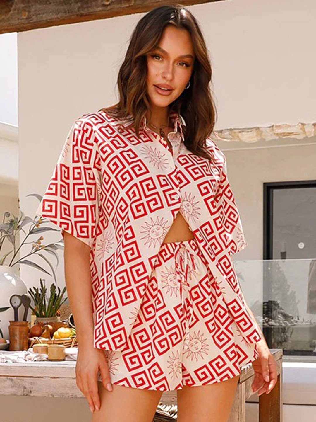 

LULU & SKY Printed Shirt Collar Shirt With Shorts, Cream