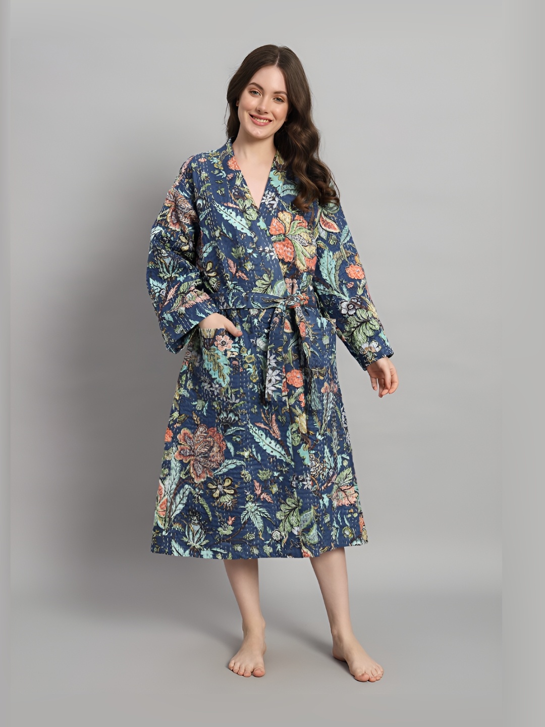 

HANDICRAFT PALACE Floral Printed Pure Cotton Bath Robe With Belt, Blue