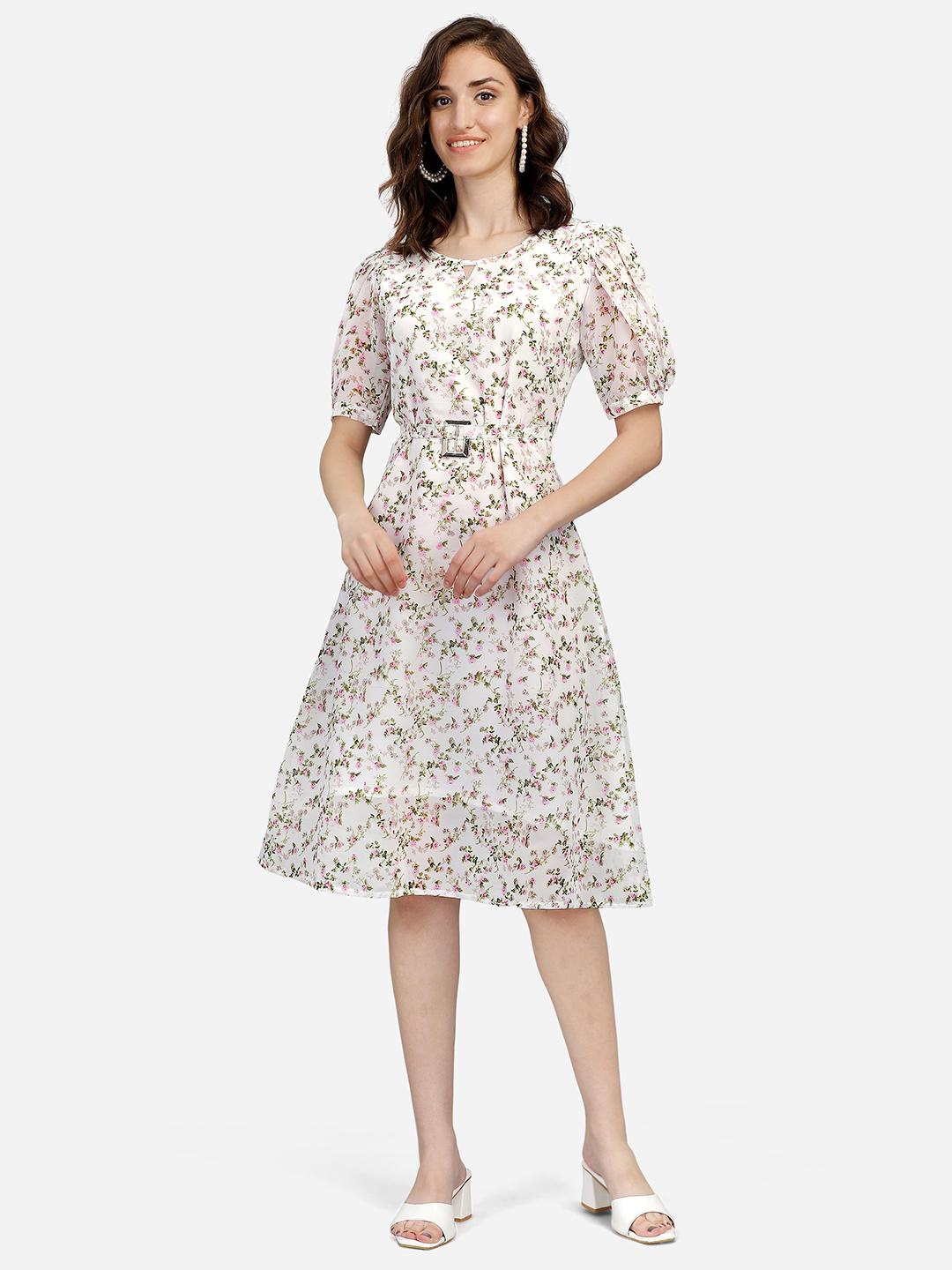 

SWAADHI Floral Print Puff Sleeve Fit & Flare Dress, White