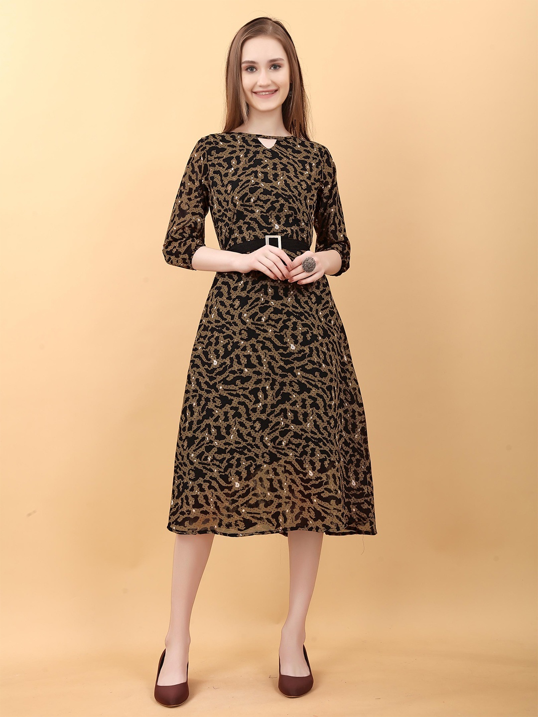 

SWAADHI Animal Print Georgette Fit & Flare Midi Dress, Brown