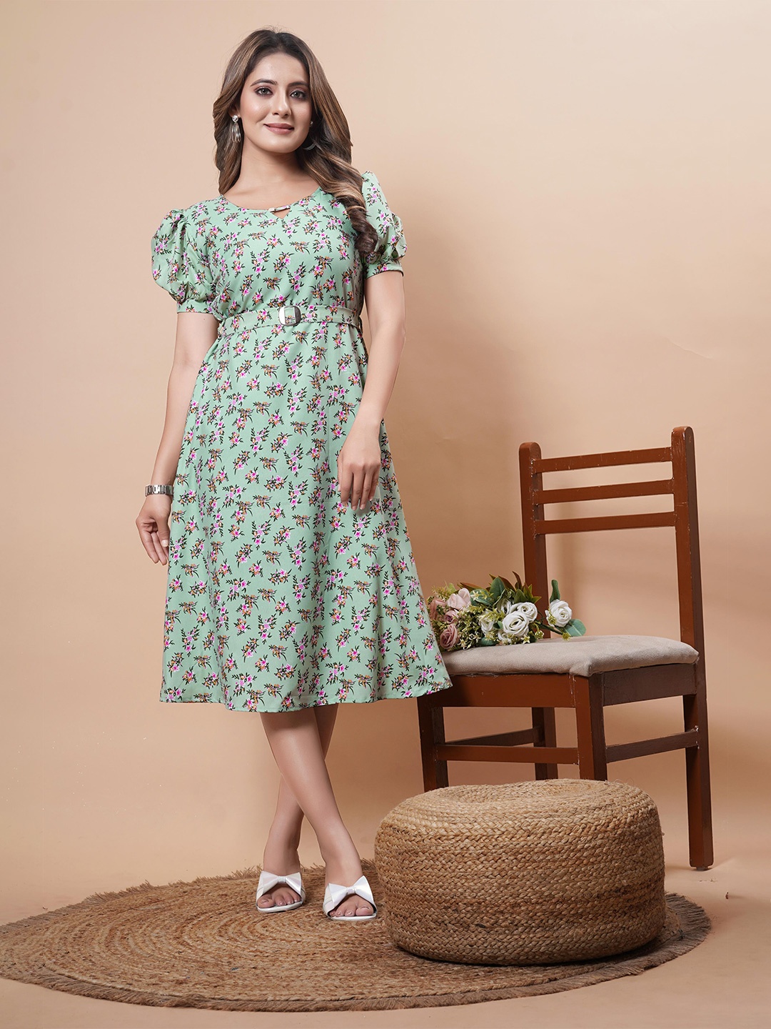 

SWAADHI Floral Print Puff Sleeve Fit & Flare Dress, Sea green