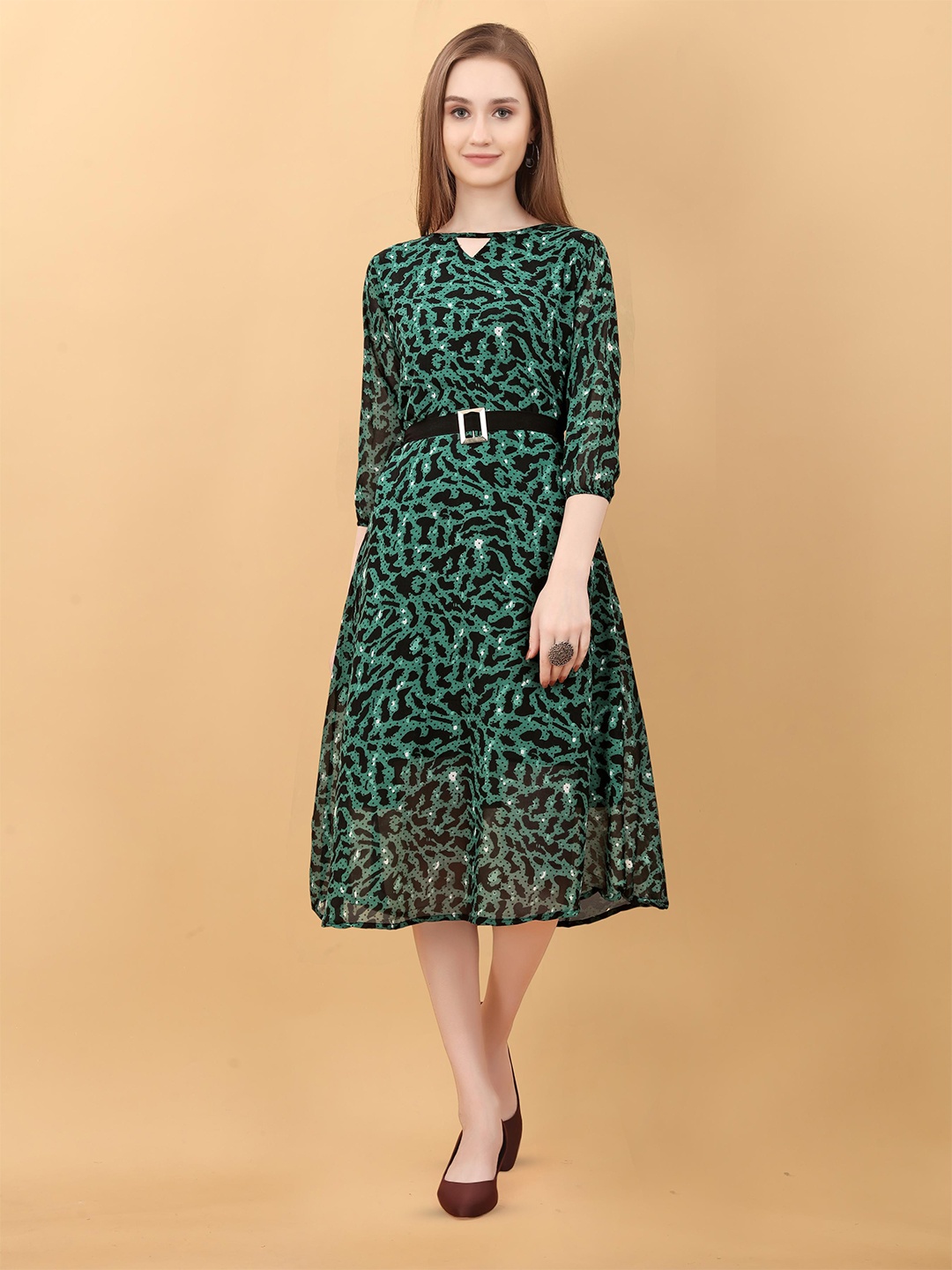 

SWAADHI Animal Print Georgette Fit & Flare Midi Dress, Green