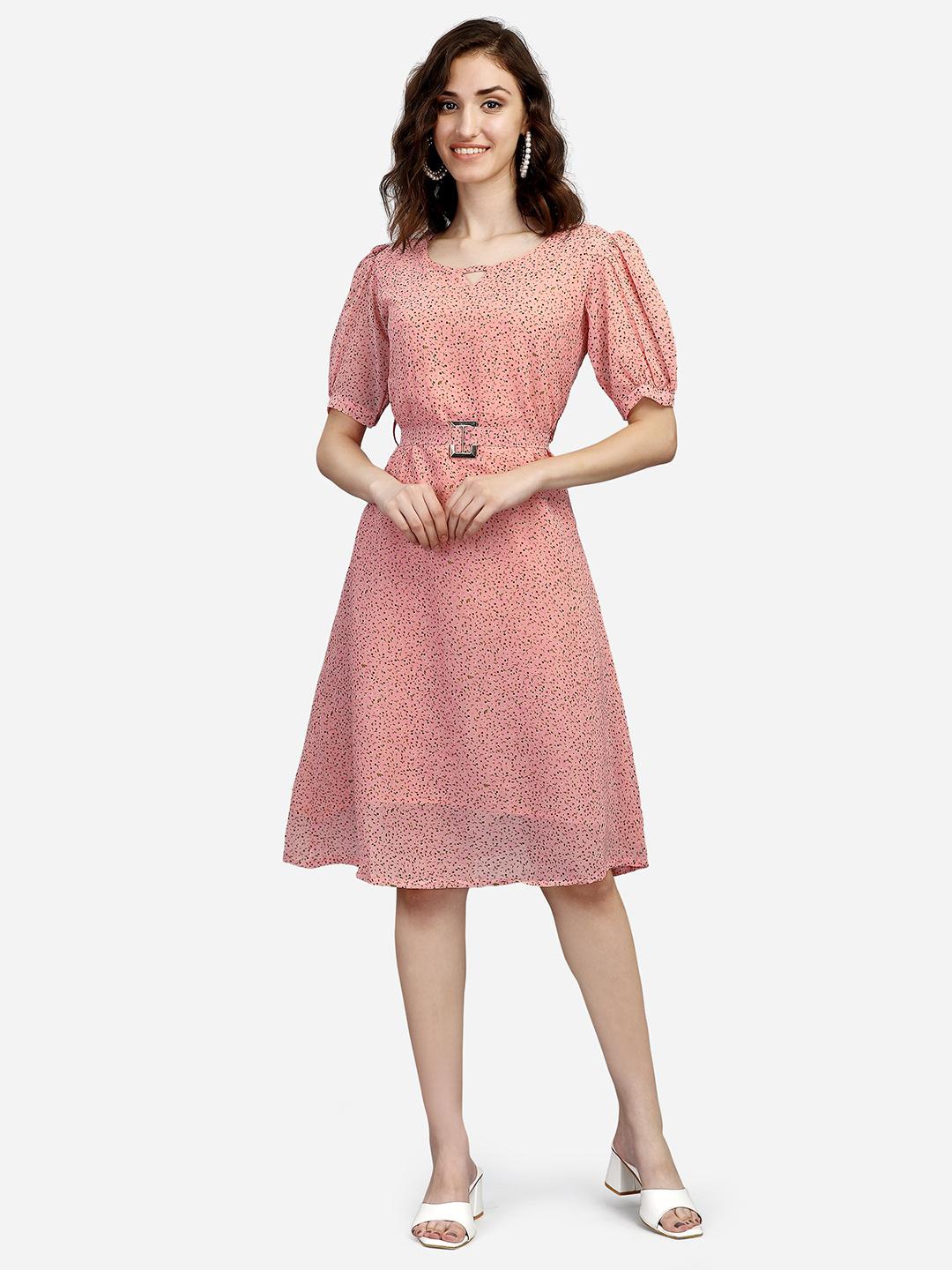 

SWAADHI Keyhole Neck Puff Sleeve Fit and Flare Dress, Peach