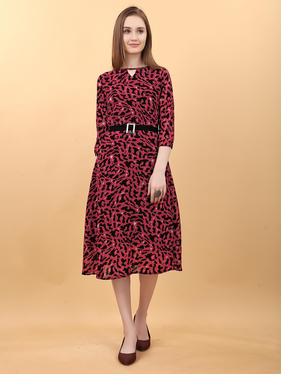 

SWAADHI Animal Print Georgette Fit & Flare Midi Dress, Red