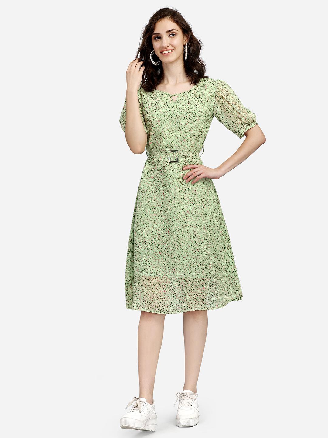 

SWAADHI Keyhole Neck Puff Sleeve Fit and Flare Dress, Sea green