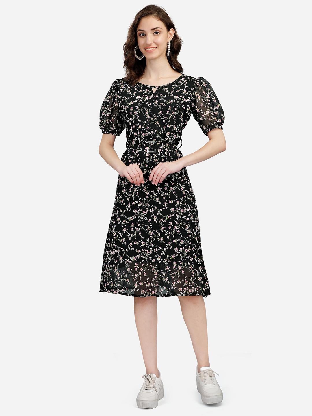 

SWAADHI Floral Print Keyhole Neck Puff Sleeve Fit & Flare Dress, Black