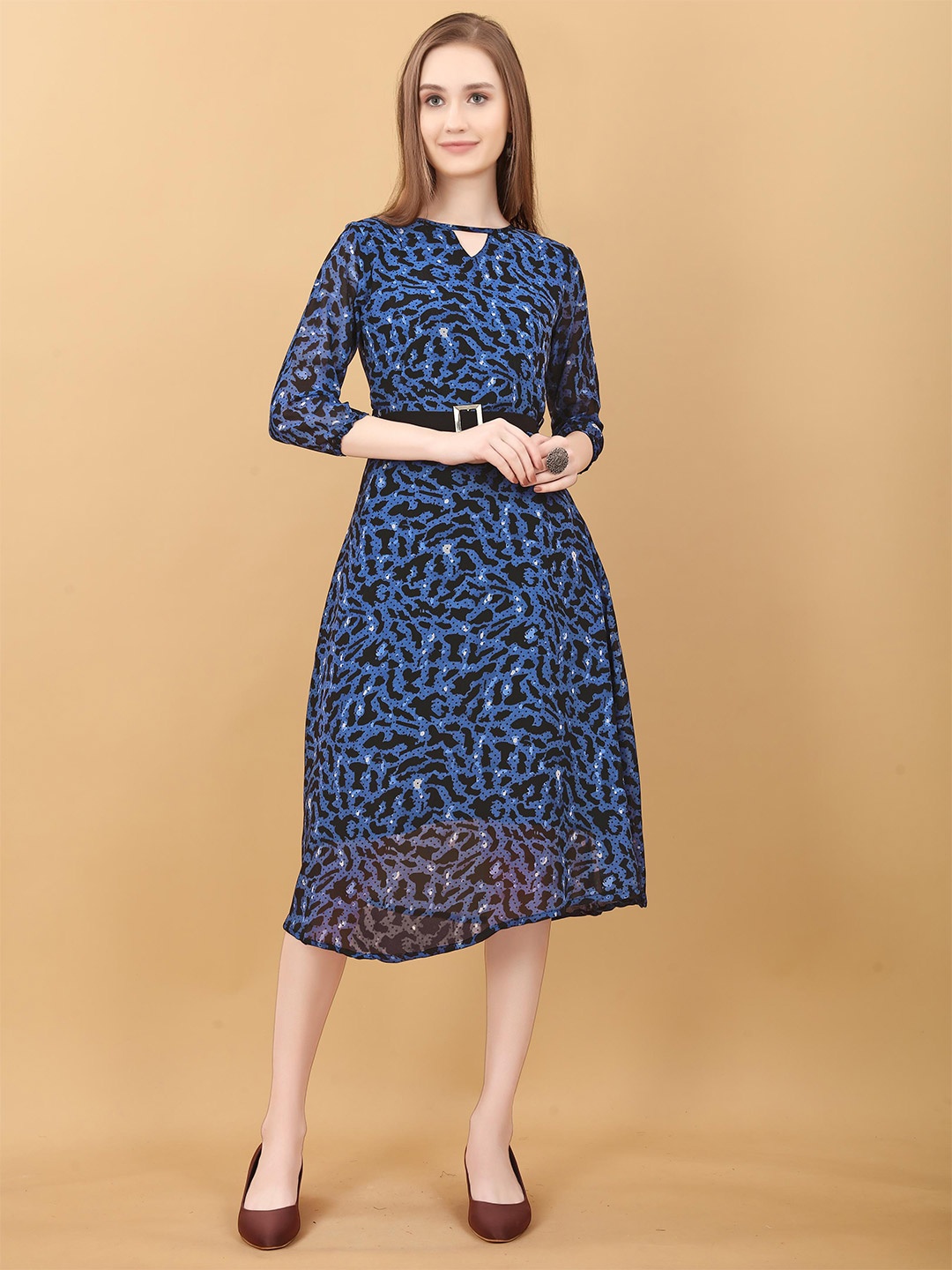 SWAADHI Animal Print Keyhole Neck Fit and Flare Midi Dress, Blue