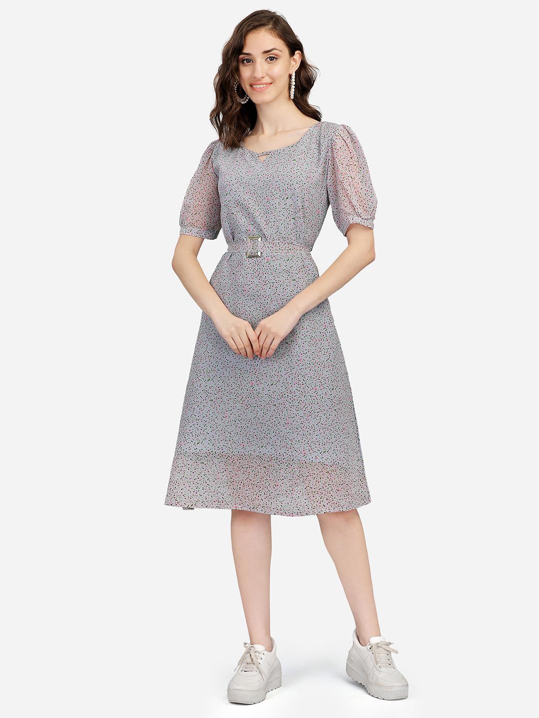 

SWAADHI Georgette Puff Sleeves Fit & Flare Dress, Grey