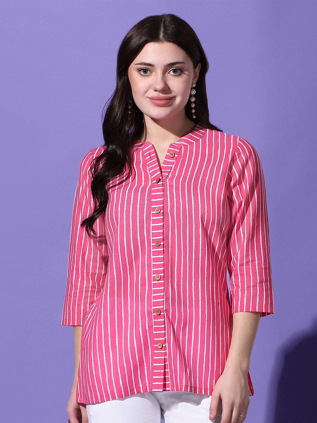 

FASHION DREAM Women Opaque Striped Casual Shirt, Pink