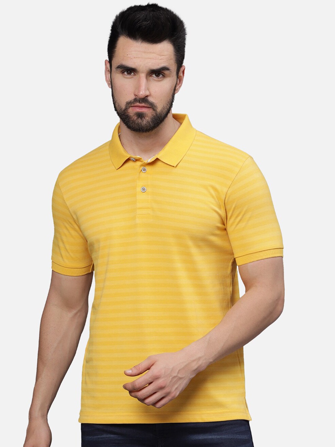 

t-base Men Striped Polo Collar T-shirt, Yellow