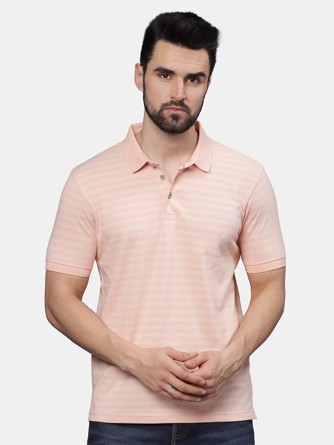 

t-base Men Striped Polo Collar Pockets T-shirt, Peach