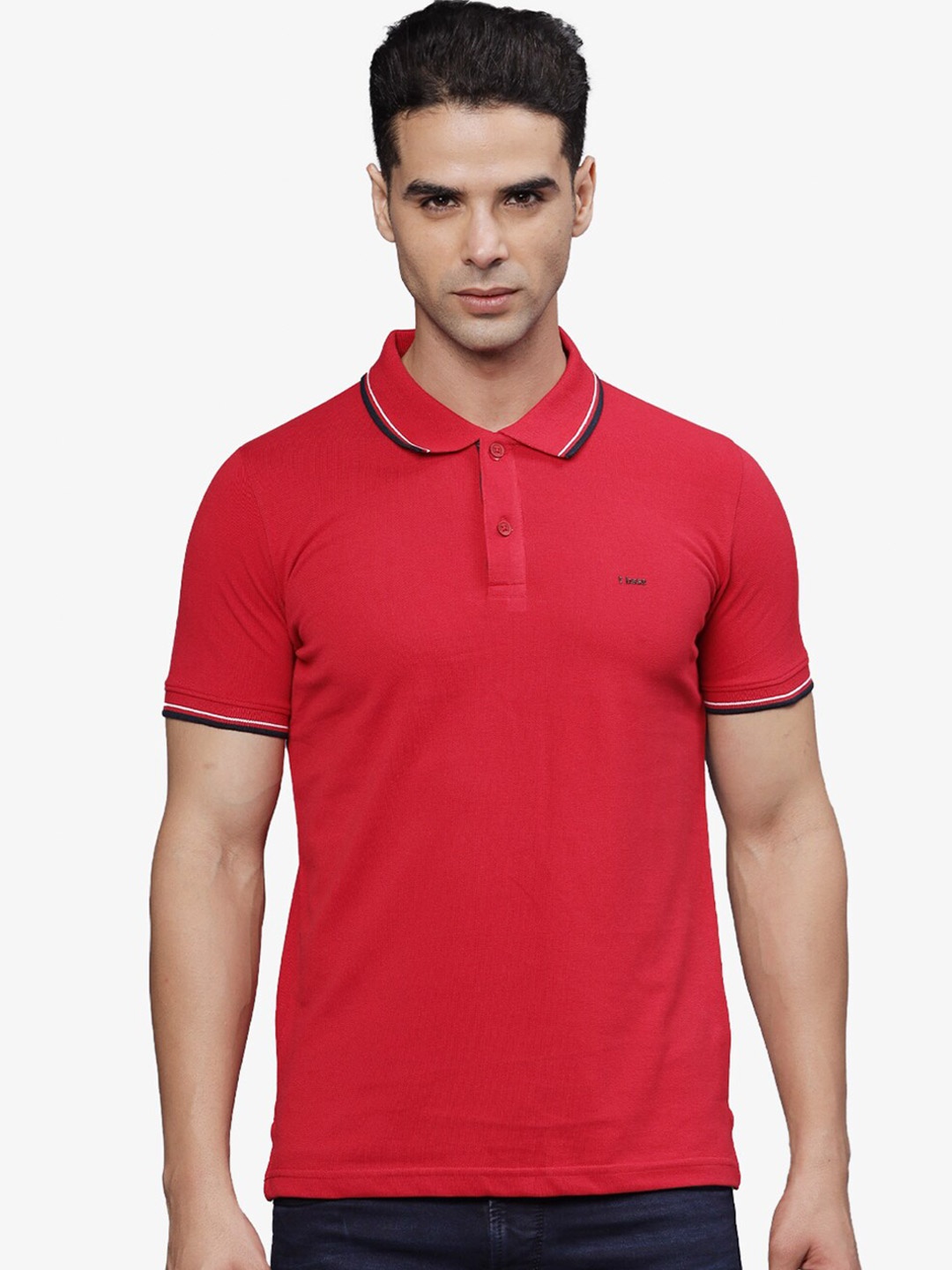 

t-base Men Polo Collar Applique T-shirt, Red