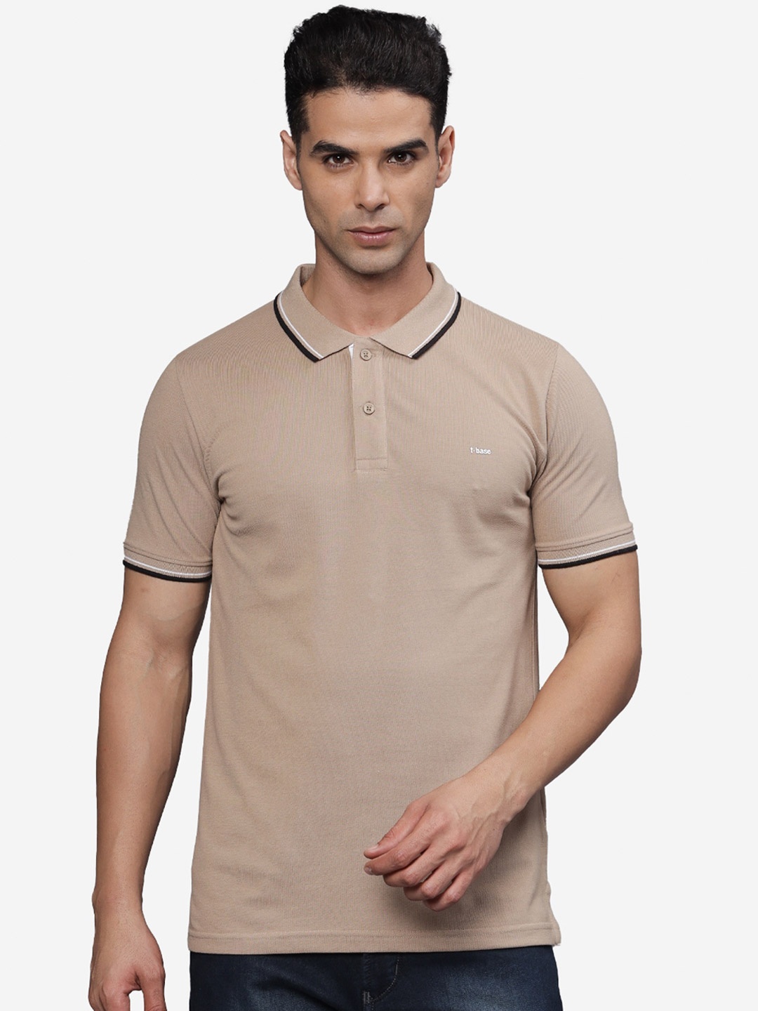 

t-base Men Polo Collar Applique T-shirt, Beige