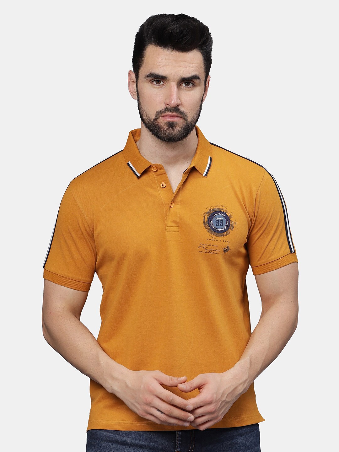 

t-base Men Polo Collar Applique T-shirt, Mustard