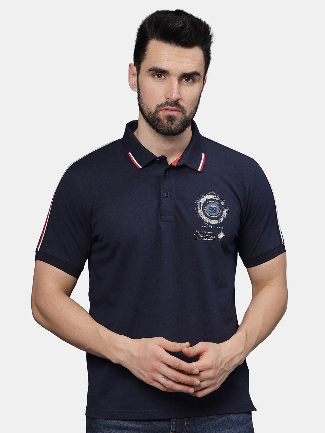 

t-base Men Polo Collar Applique T-shirt, Navy blue