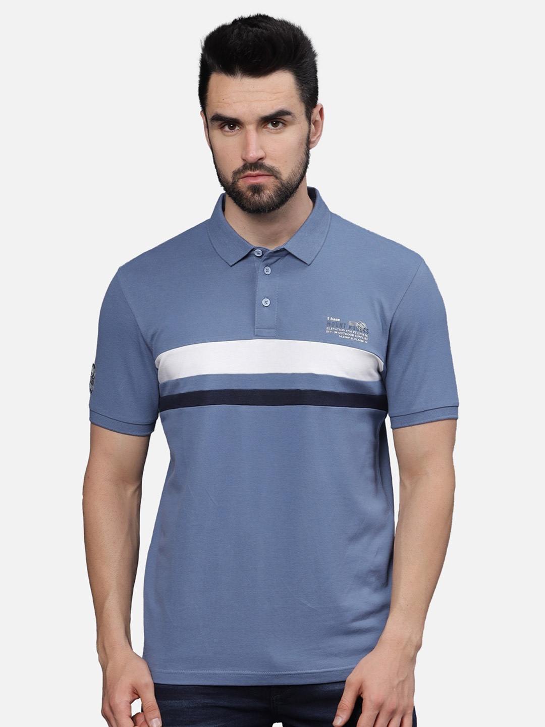 

t-base Men Polo Collar Applique T-shirt, Blue