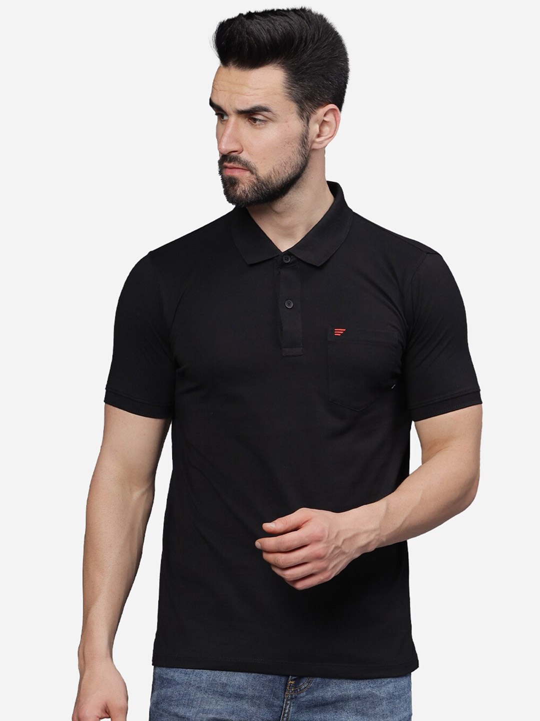 

t-base Men Polo Collar Applique T-shirt, Black