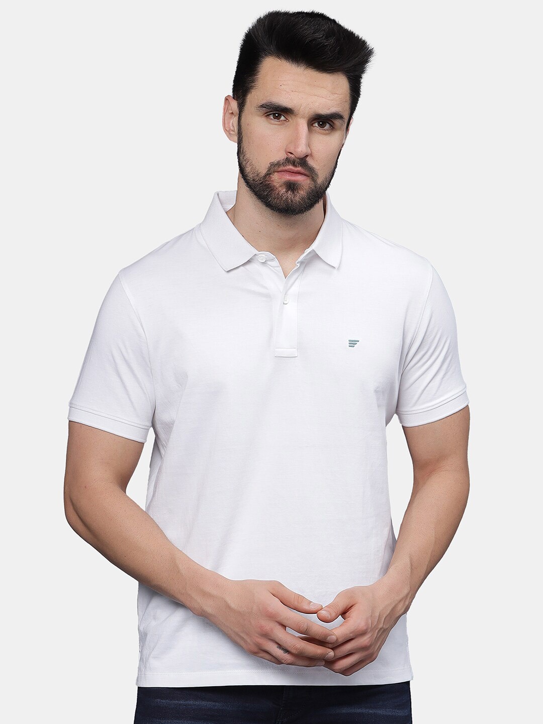 

t-base Men Polo Collar Applique T-shirt, White