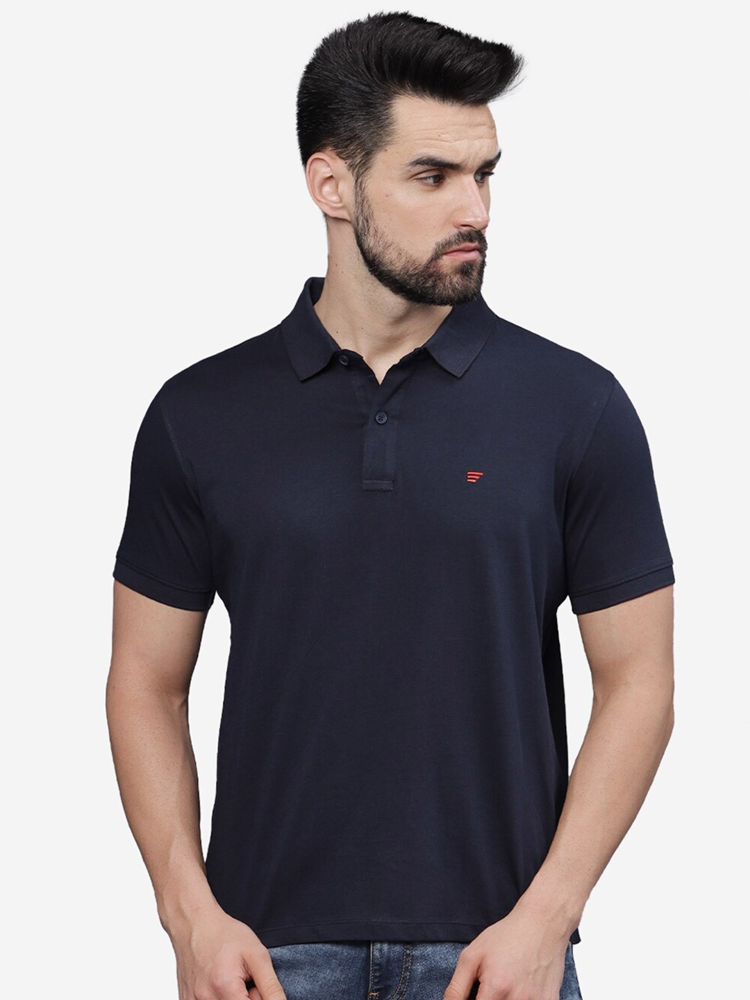 

t-base Men Polo Collar Applique T-shirt, Navy blue
