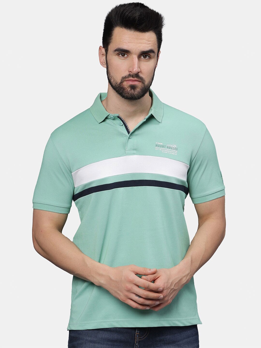 

t-base Men Striped Polo Collar Pockets T-shirt, Green