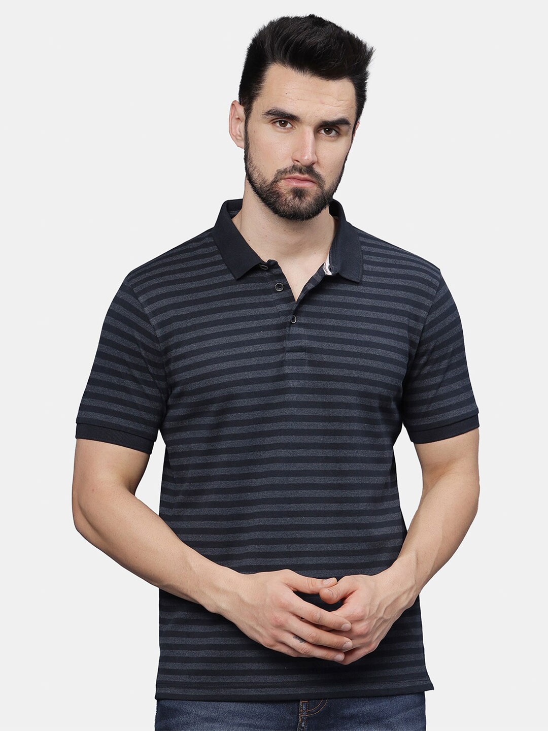 

t-base Men Striped Polo Collar Pockets T-shirt, Navy blue