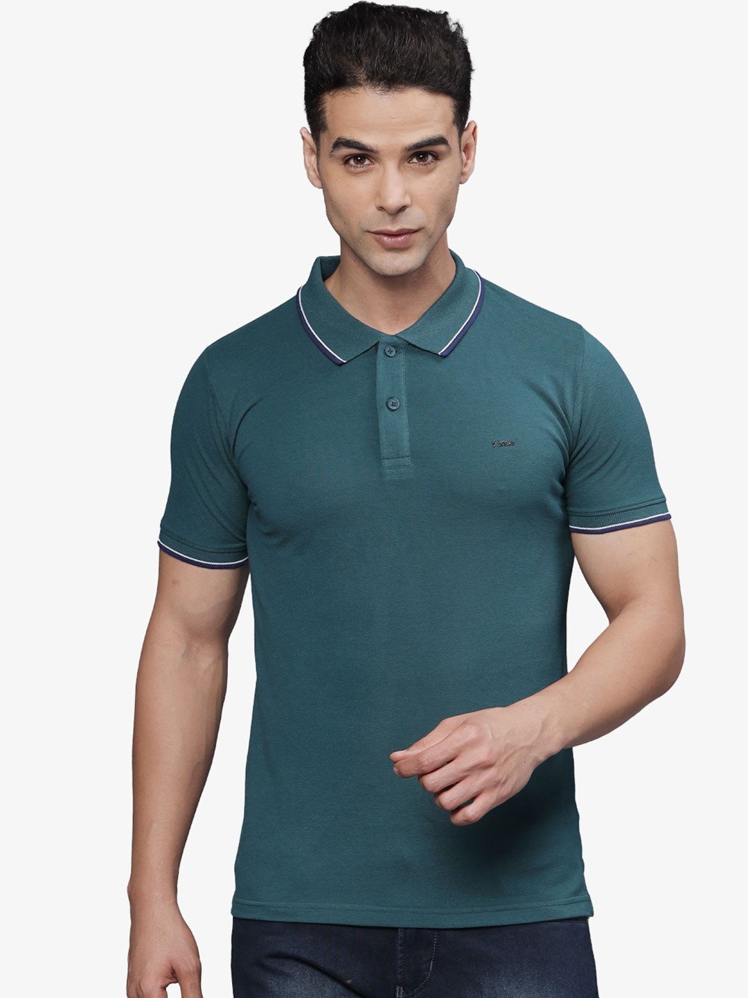 

t-base Men Polo Collar Applique T-shirt, Green